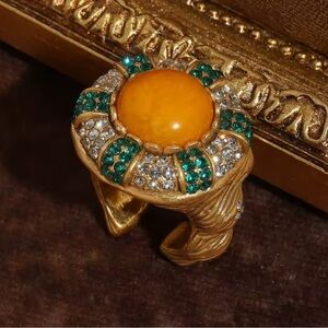 Cabochon Ring Bold Amber Center Emerald & Diamond Timeless Elegance